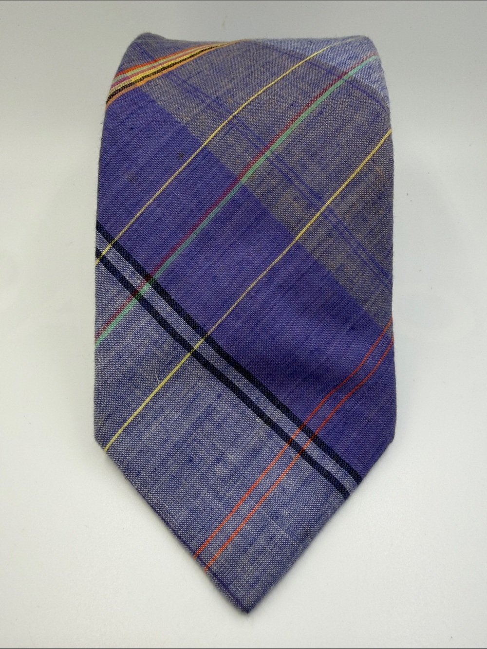 Colours by Alexander Julian VTG Plaid Linen Necktie Purple & Yellow Accent 1990s